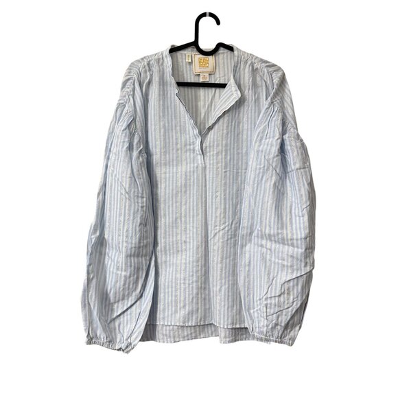 Emily McCarthy Blue Silver Striped Long Sleeve Blouse Top Womens Size Medium - Picture 1 of 5